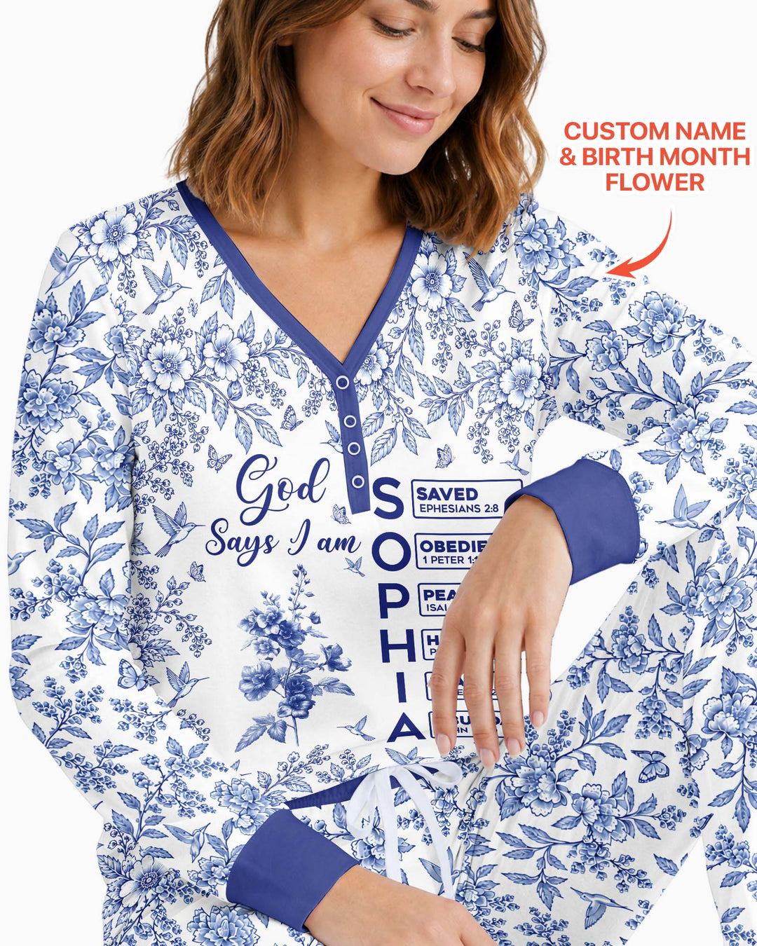 God Says I Am Letter In Bible Birth Flower Toile De Jouy  Bamboo Women Pajama Set