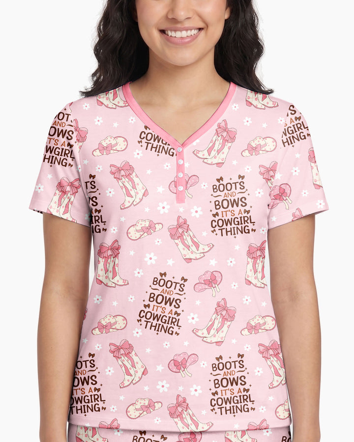 Western Cowgirl Boots And Bows Bamboo Women Short Sleeve Short Pajama Set