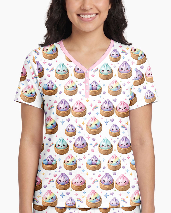 Cute Glitter Dumpling Bamboo Women Short Sleeve Short Pajama Set