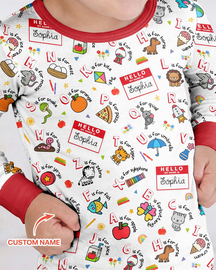 Custom Name Hello School ABCs Bamboo Two Piece Long Sleeve Pajama Set