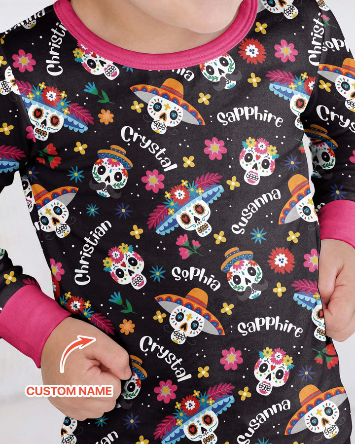 Custom Name Dia De Los Muertos Bamboo Two Piece Long Sleeve Pajama Set