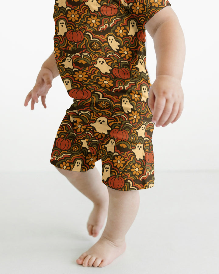 Retro Halloween Ghost Pumpkin Floral Bamboo Two Piece Short Sleeve Shorts Pajama Set