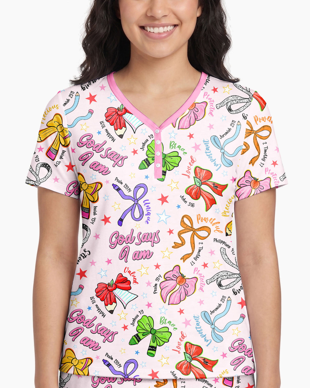 Pencil Bows God Says I Am Bamboo Women Short Sleeve Short Pajama Set