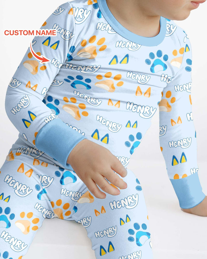 Custom Name Favourite Blue Dog Family Matching Bamboo Two Piece Long Sleeve Pajama Set