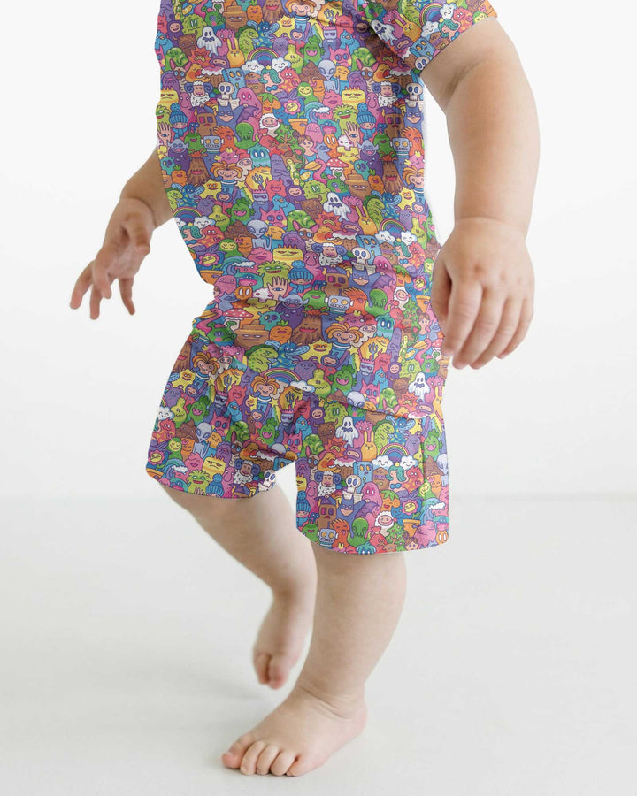 Doodle Characters Pastel Bamboo Two Piece Short Sleeve Shorts Pajama Set