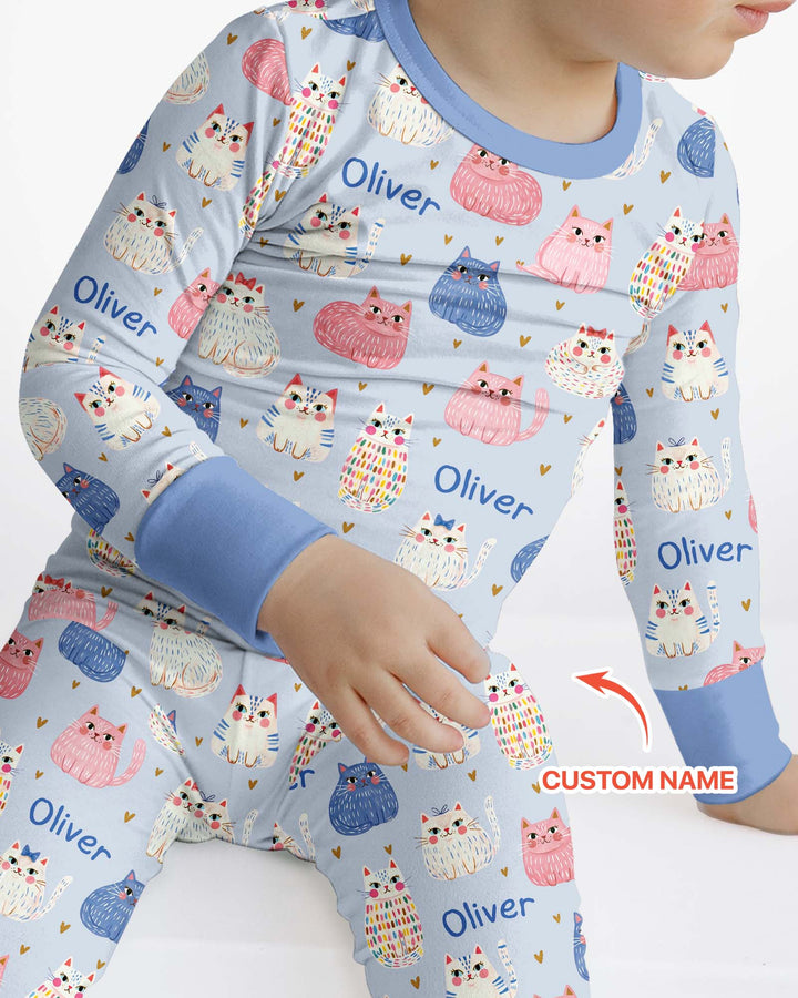 Custom Name Cute Pastel Cat Bamboo Two Piece Long Sleeve Pajama Set
