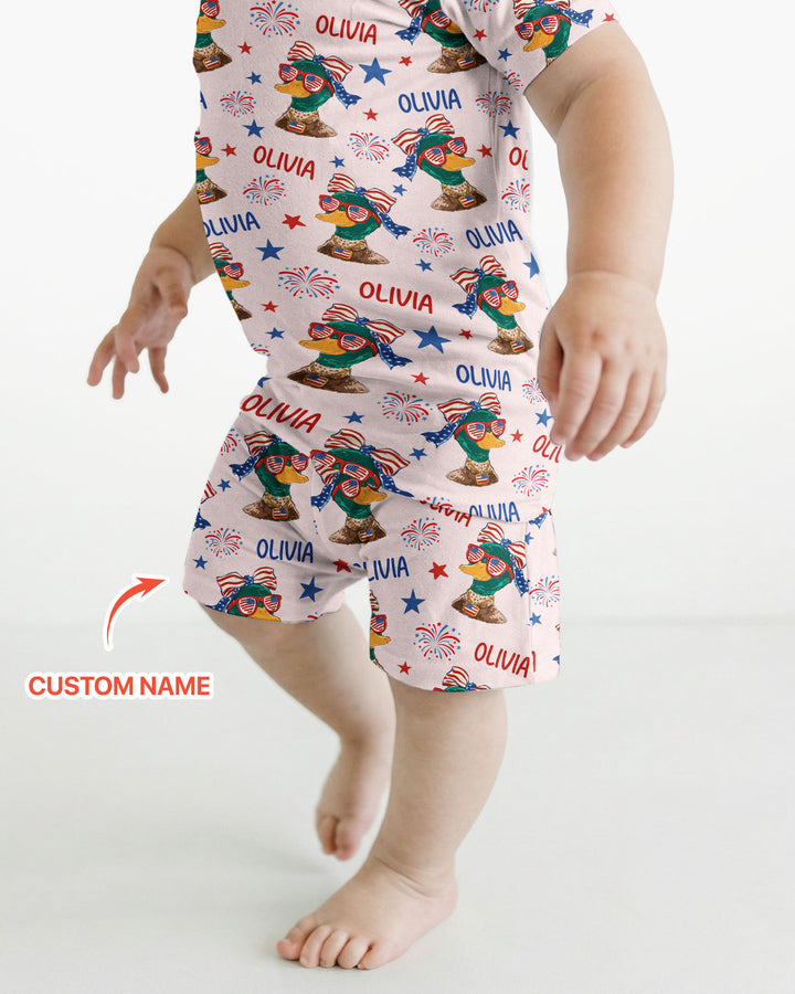 Custom Name Patriotic Mallard Duck Bamboo Two Piece Short Sleeve Shorts Pajama Set