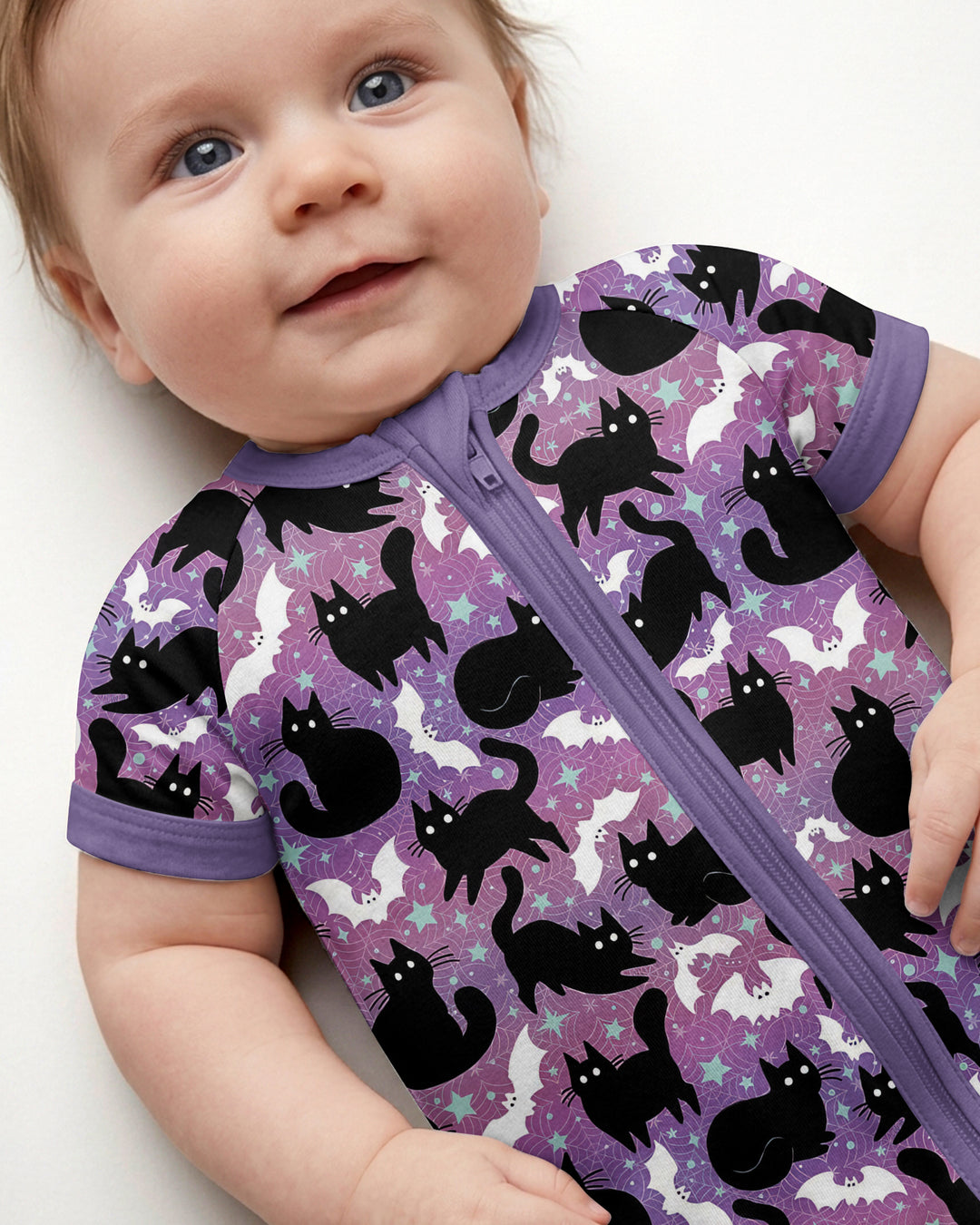 Spooky Black Cat Halloween Purple Bats Bamboo Shorty Zippy