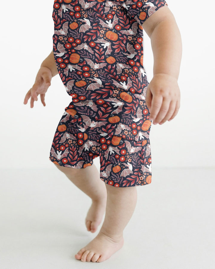 Bat Pumpkin Floral Halloween Bamboo Two Piece Short Sleeve Shorts Pajama Set