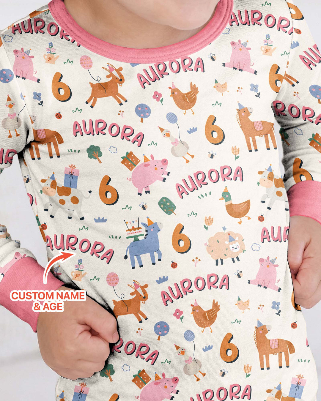 Personalized Farm Animals Birthday Bamboo Two Piece Long Sleeve Pajama Set