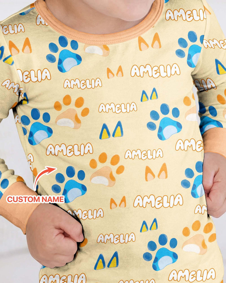 Custom Name Favourite Blue Dog Family Matching Bamboo Two Piece Long Sleeve Pajama Set