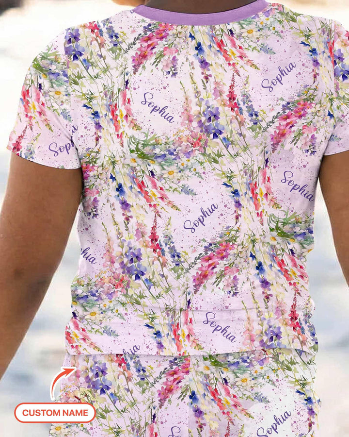 Custom Name Birth Month Flowers Bamboo Two Piece Short Sleeve Pajama Set
