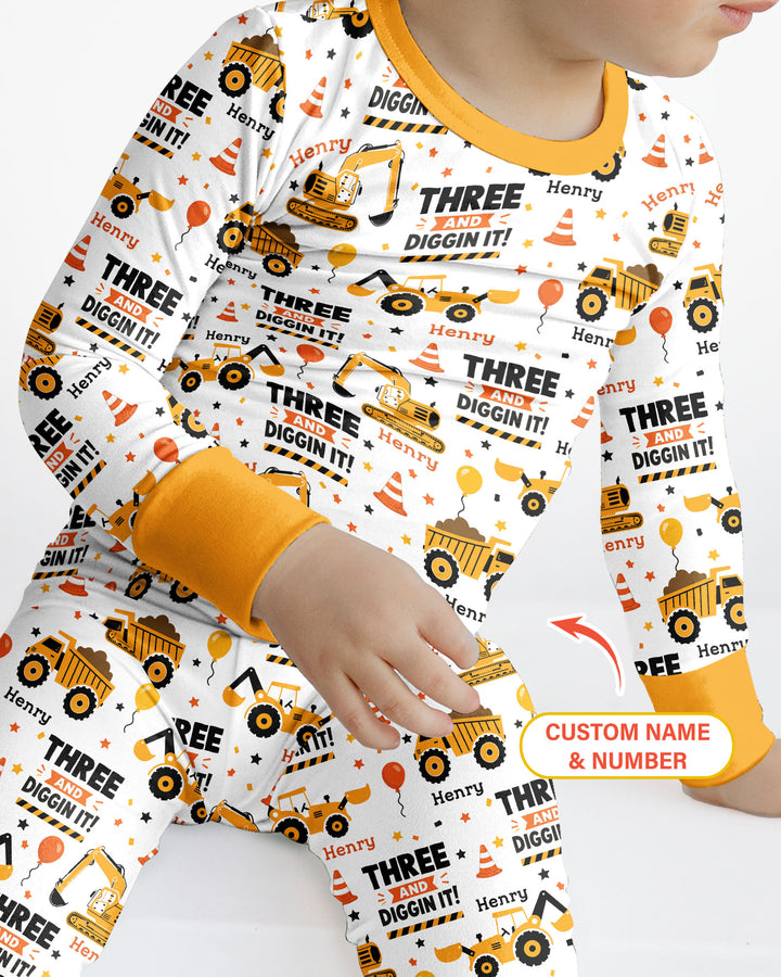 Personalized Birthday Construction Truck Diggin It Bamboo Two Piece Long Sleeve Pajama Set