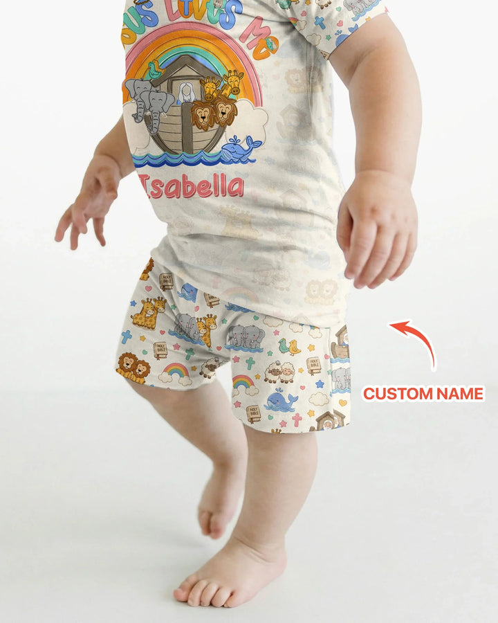 Custom Name Noah's Ark Jesus Loves Me Bamboo Two Piece Short Sleeve Shorts Pajama Set