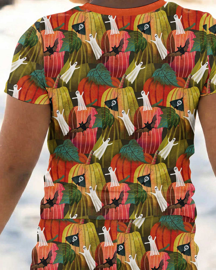 Big Pumpkin Field With Ghosts Bamboo Two Piece Short Sleeve Pajama Set