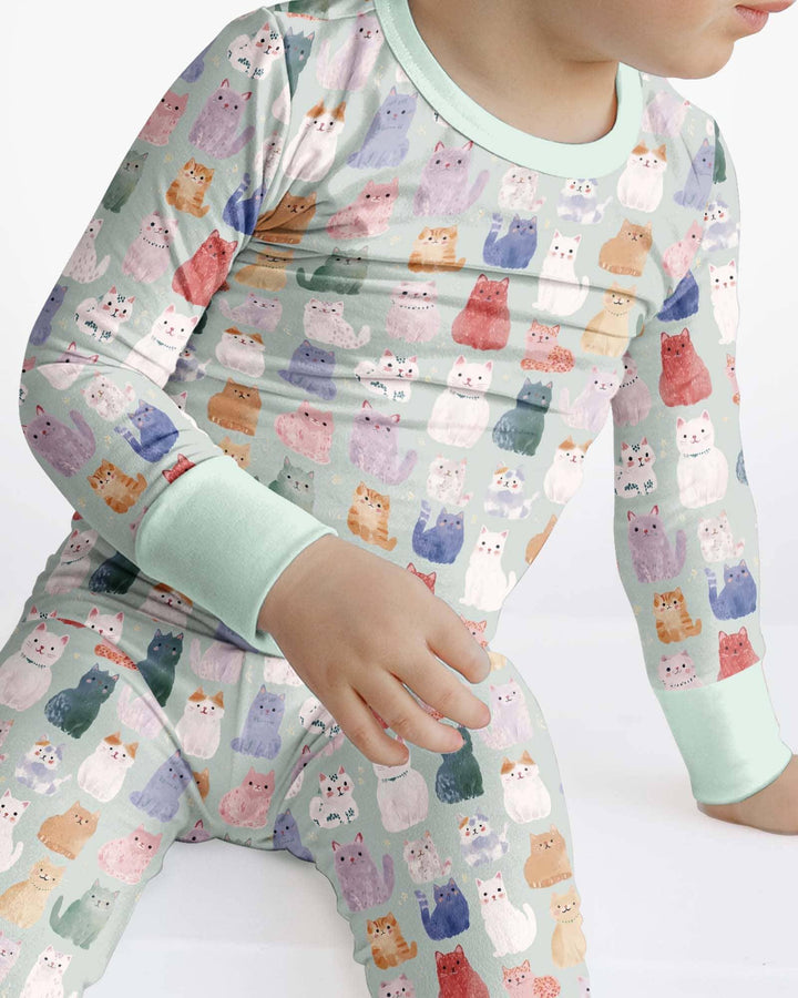 Enchanted Happy Kitty Family Matching Bamboo Two Piece Long Sleeve Pajama Set