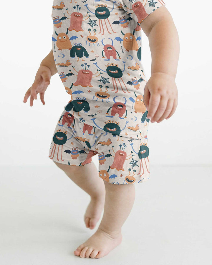 Monsters Fun Pastels Hand Painted Cute Bamboo Two Piece Short Sleeve Shorts Pajama Set