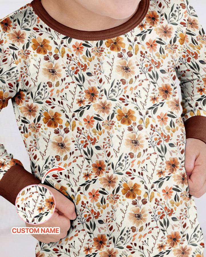 Custom Name Fall Flower Bamboo Two Piece Long Sleeve Pajama Set