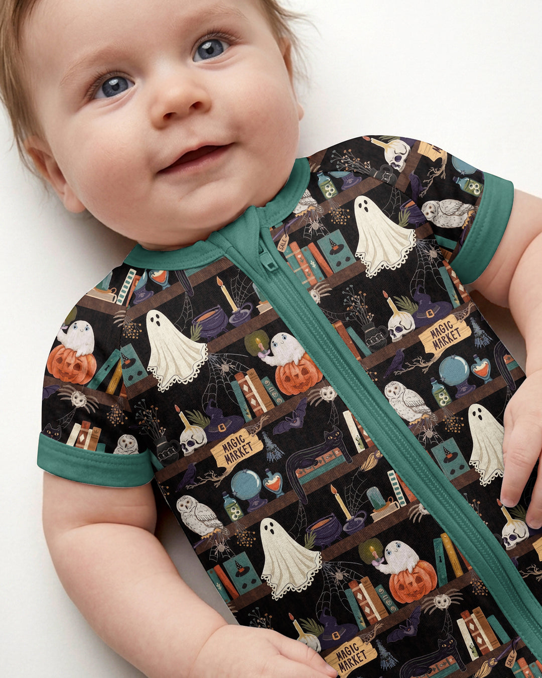 Cute Ghost Witchy Halloween Magic Library Bamboo Shorty Zippy