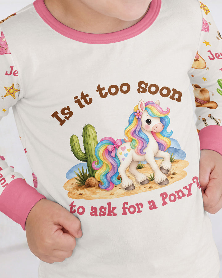 Is It Too Soon To Ask For A Pony Custom Name Bamboo Two Piece Long Sleeve Pajama Set