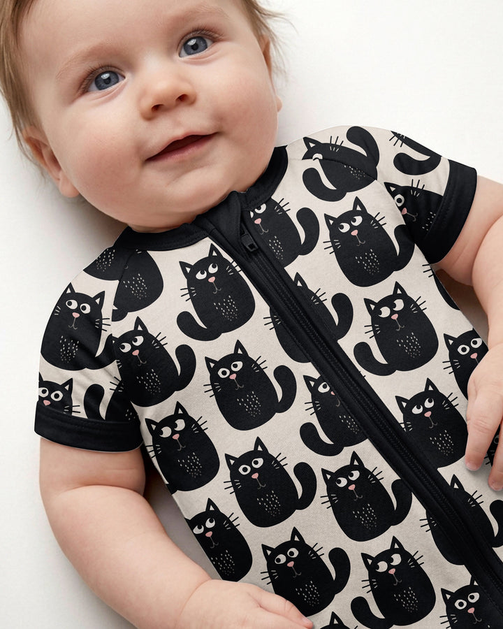 Moody Black Cats in Black and White Bamboo Shorty Zippy