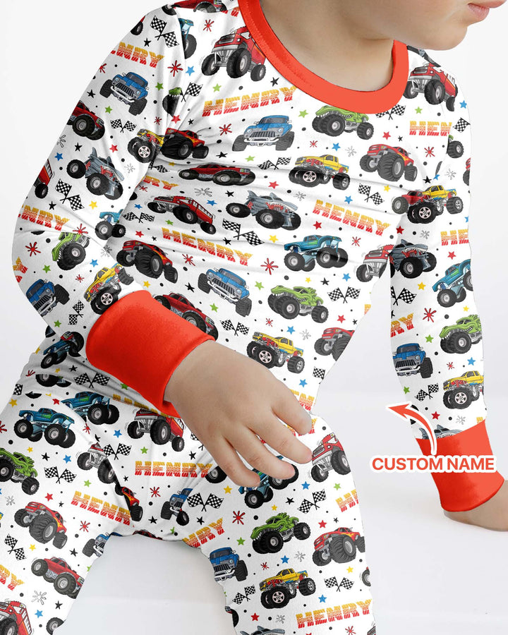 Personalized Monster Trucks Bamboo Two Piece Long Sleeve Pajama Set