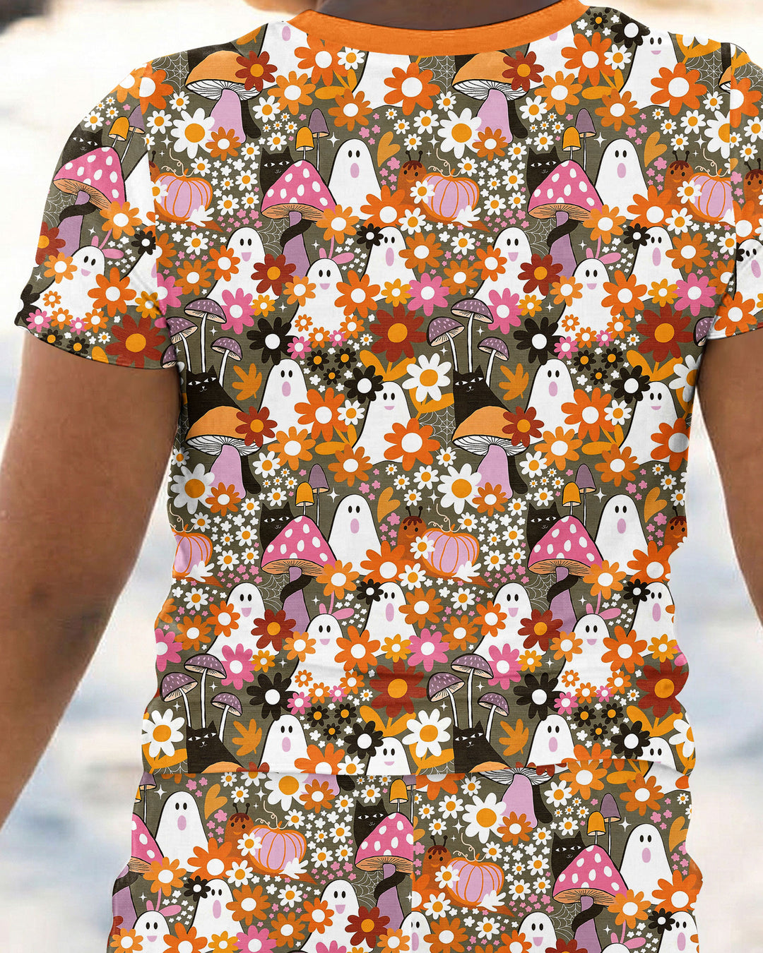 Retro Ghost Mushroom Floral Halloween Bamboo Two Piece Short Sleeve Pajama Set