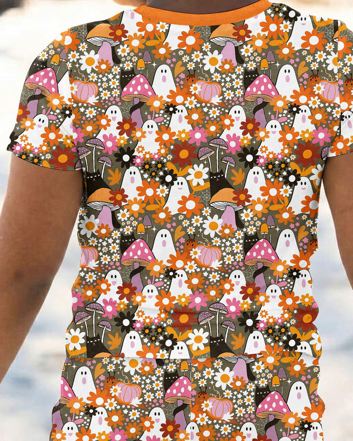 Retro Ghost Mushroom Floral Halloween Bamboo Two Piece Short Sleeve Pajama Set