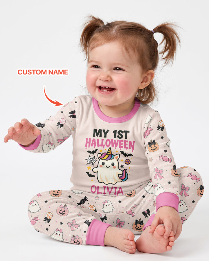 Custom Name Cute Ghost My First Halloween  Bamboo Two Piece Long Sleeve Pajama Set