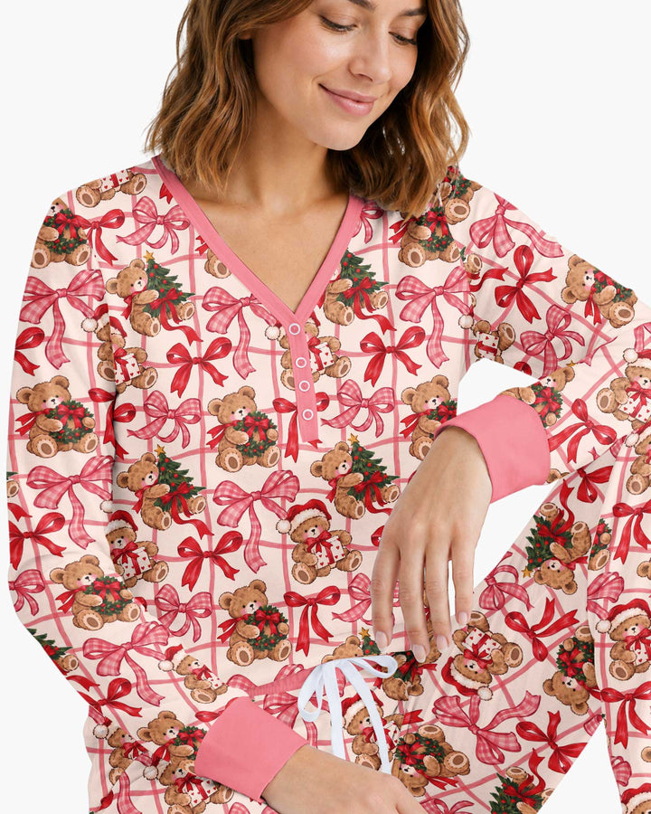 Pink Christmas Teddy Bear Plaid Mommy & Me Matching Bamboo Women Pajama Set
