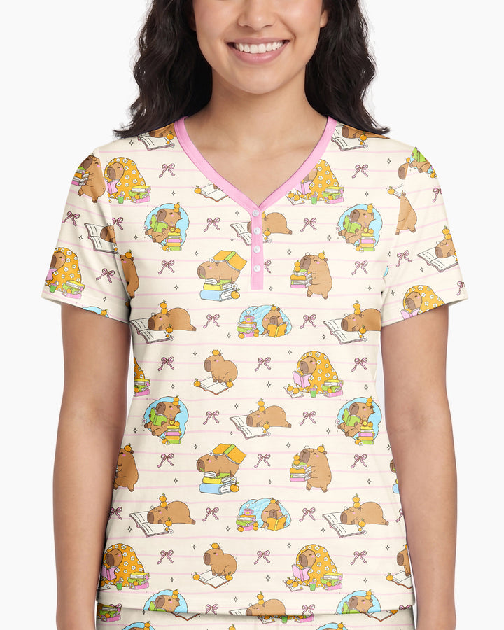 Sweet Study Capy Bamboo Women Short Sleeve Short Pajama Set