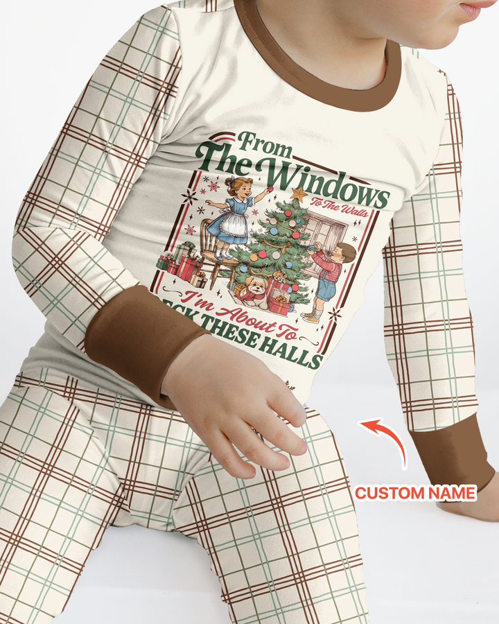 Custom Name Vintage Deck The Halls Bamboo Two Piece Long Sleeve Pajama Set
