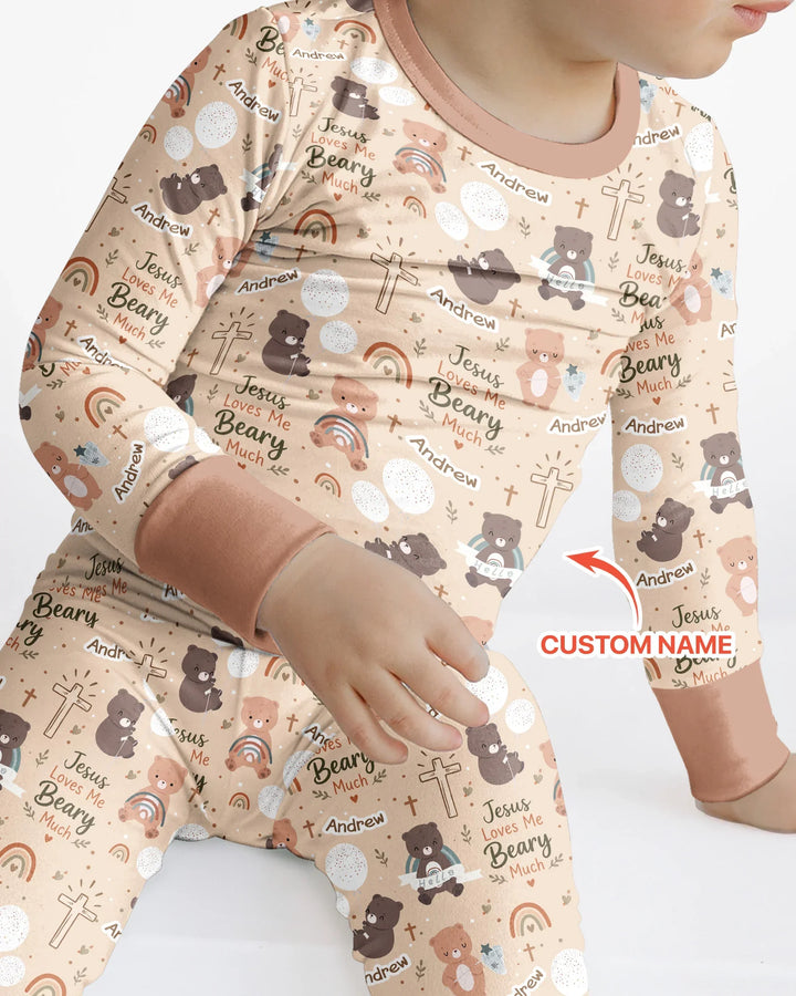 Custom Name Jesus Loves Me Beary Much Bamboo Two Piece Long Sleeve Pajama Set