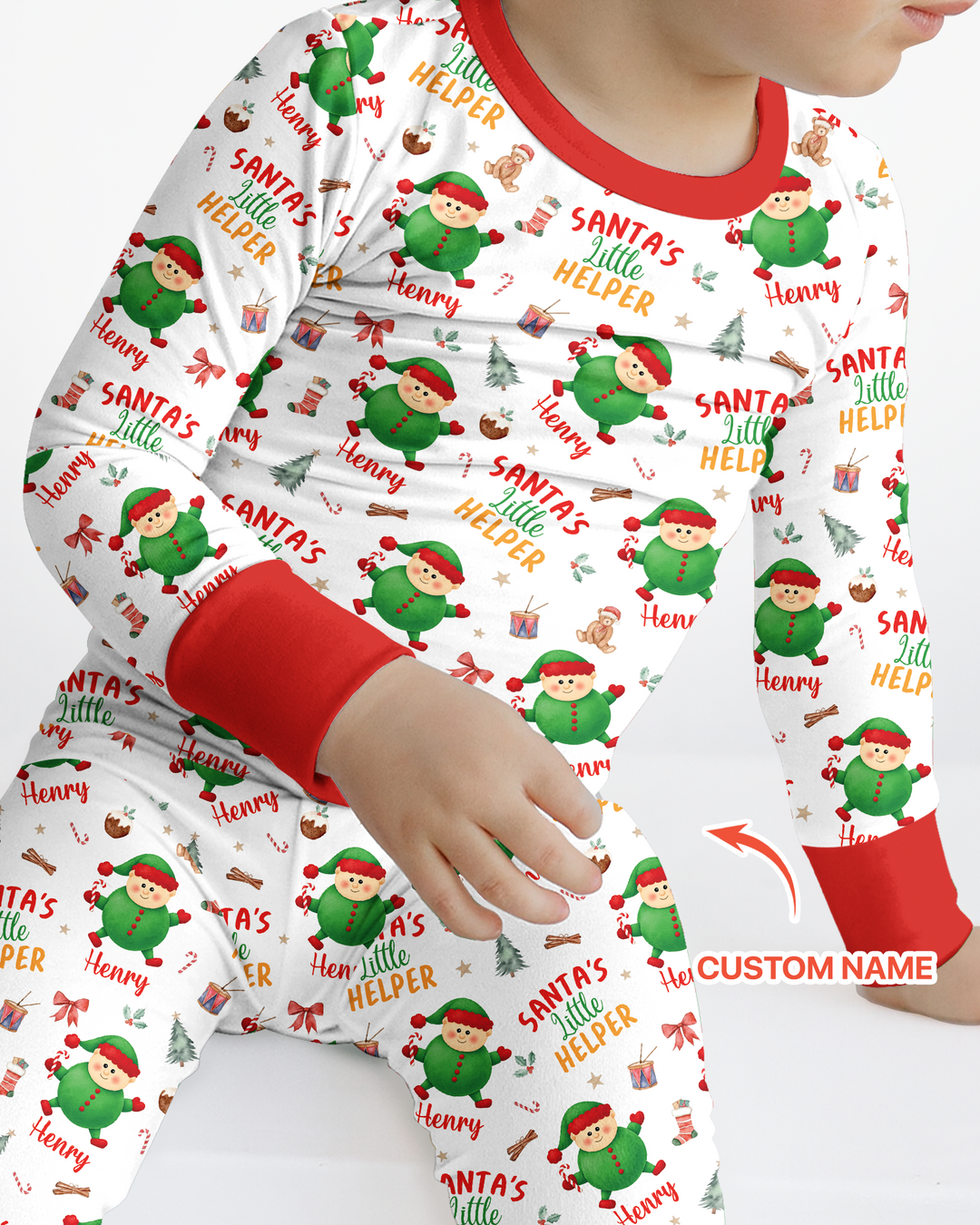Custom Name Santa's Little Helper Bamboo Two Piece Long Sleeve Pajama Set