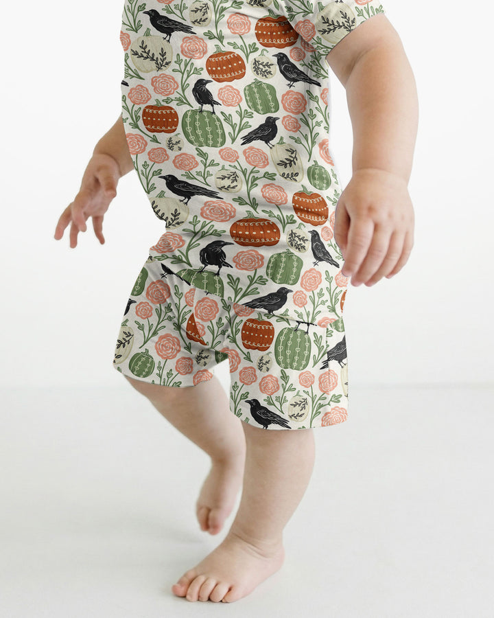 Country Crows with Mums and Pumpkins Bamboo Two Piece Short Sleeve Shorts Pajama Set