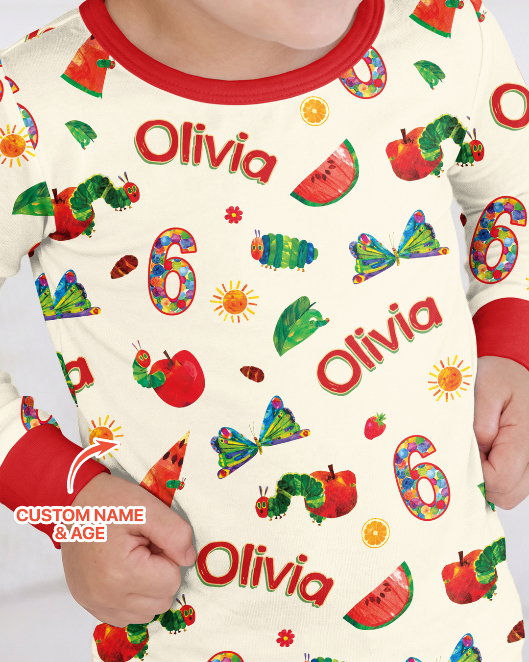 Custom Name and Age Birthday Of Very Hungry Caterpillar Bamboo Two Piece Long Sleeve Pajama Set