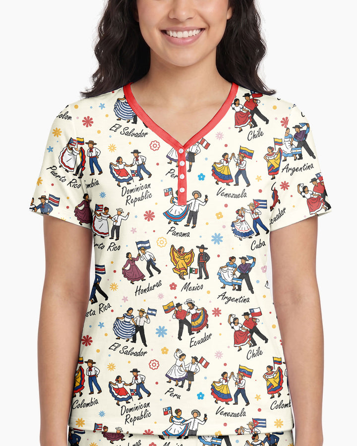 Hispanic Traditional Folkloric Dress Bamboo Women Short Sleeve Short Pajama Set