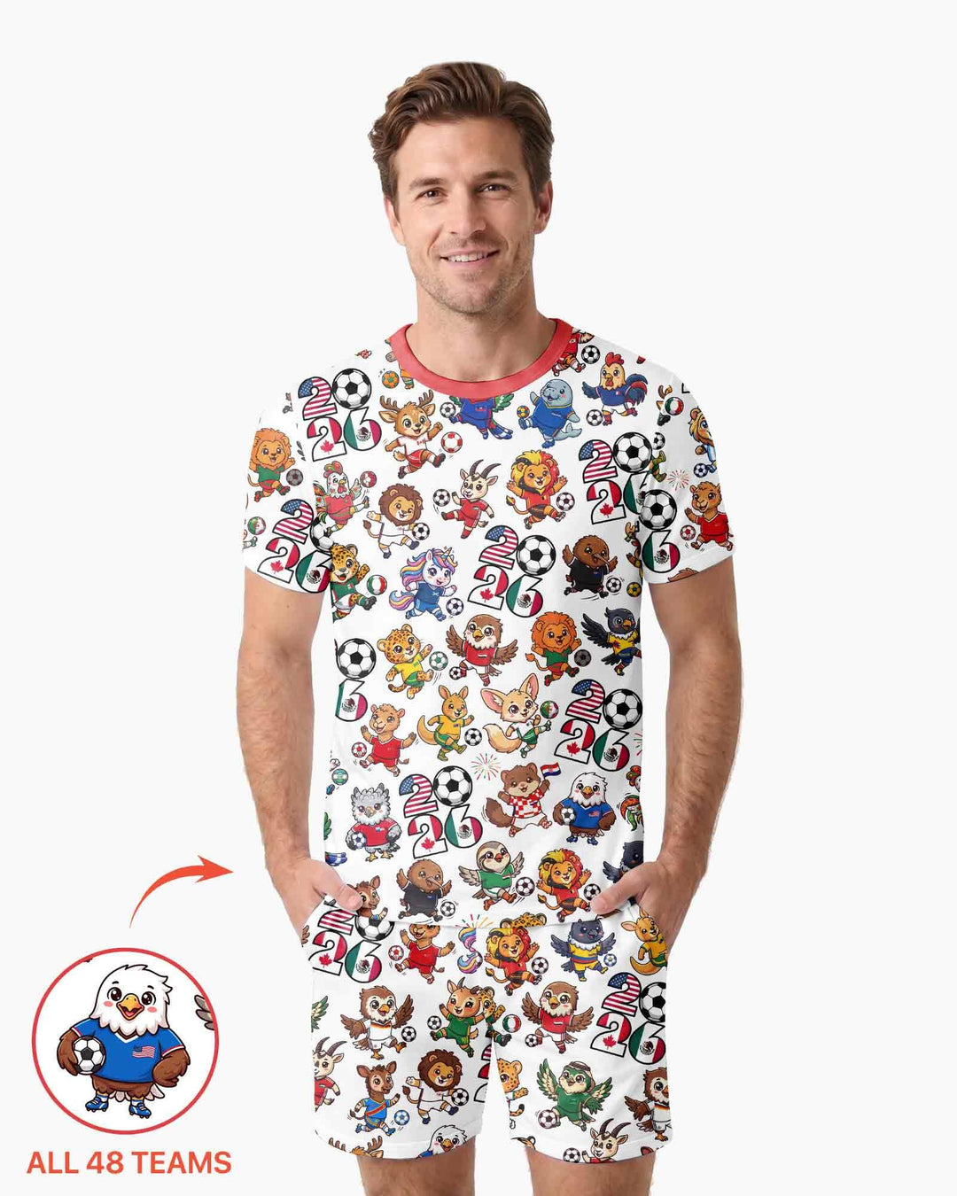 Kawaii Animals Soccer Tour 2026 Family Matching Bamboo Men Short Sleeve Short Pajama Set
