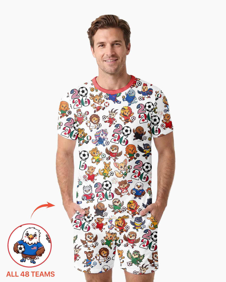 Kawaii Animals Soccer Tour 2026 Family Matching Bamboo Men Short Sleeve Short Pajama Set