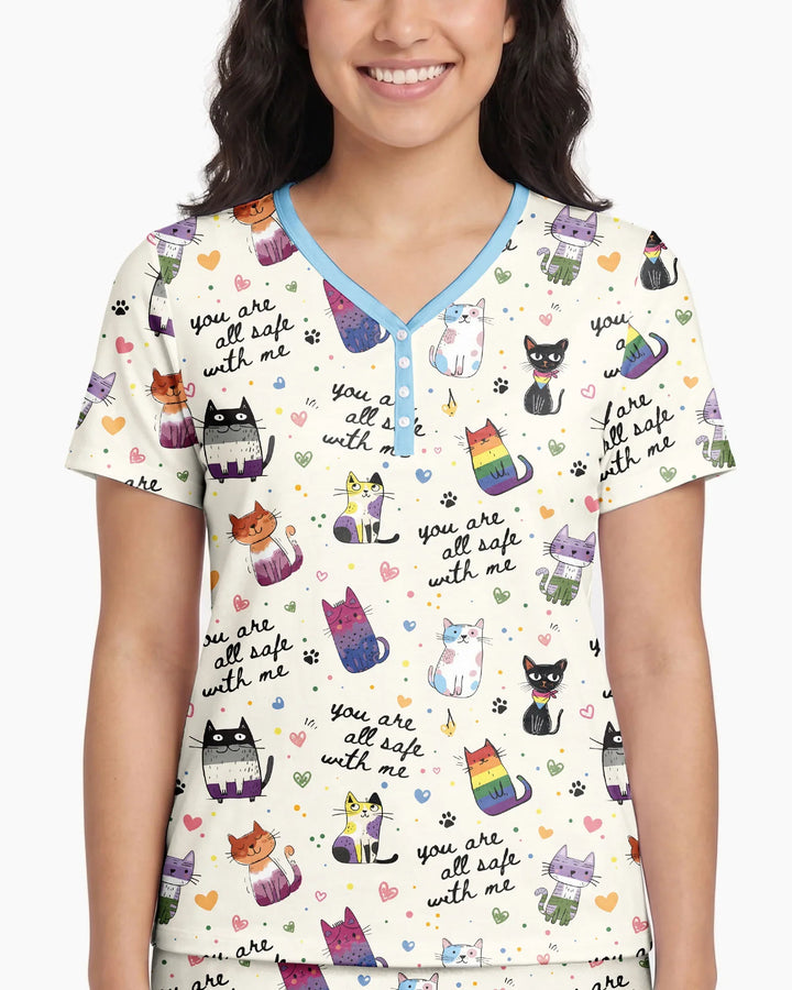 Loved & Safe Kitties Family Matching Bamboo Women Short Sleeve Short Pajama Set