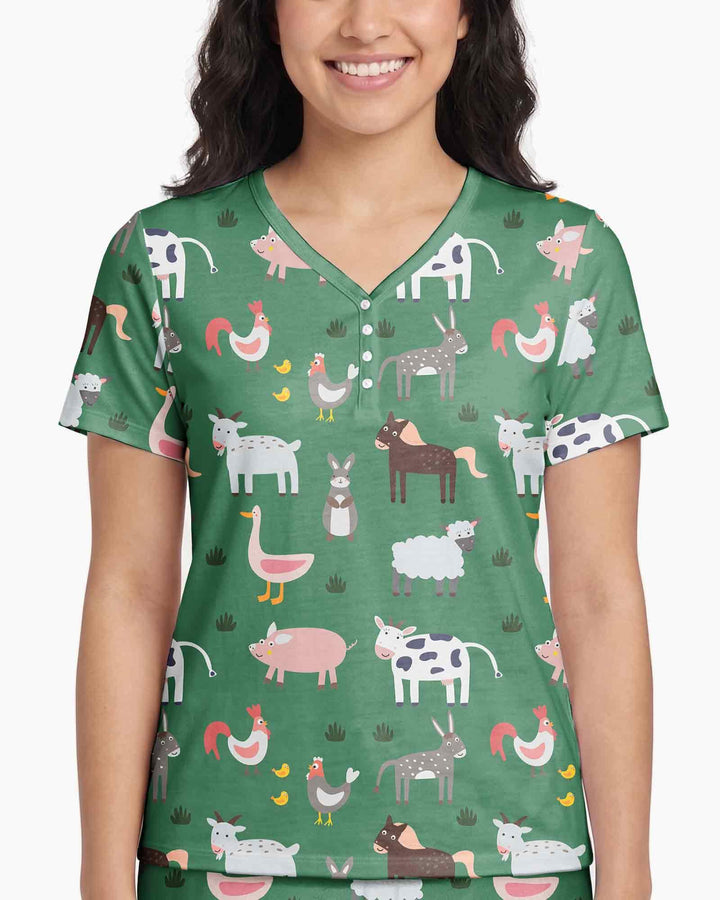 Green farm animals Bamboo Women Short Sleeve Short Pajama Set