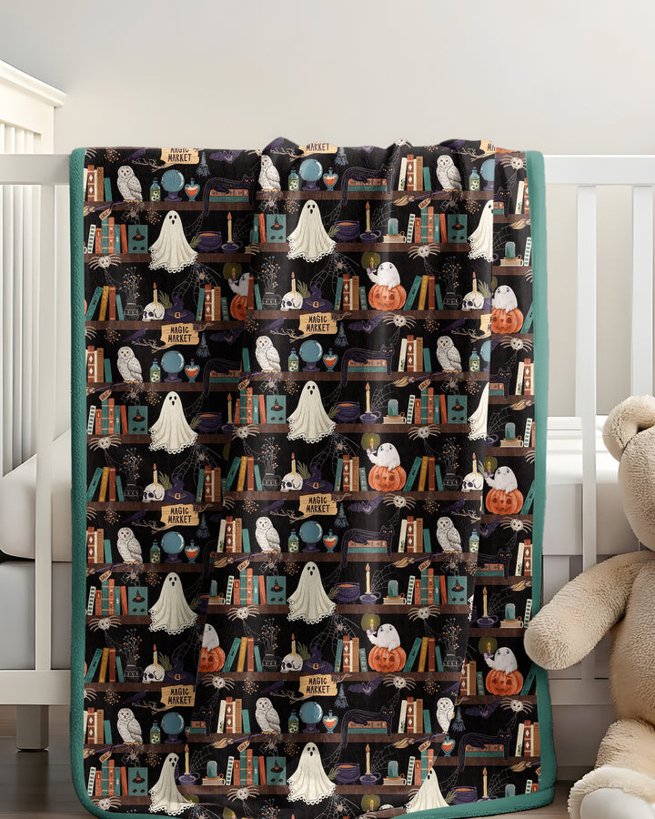 Cute Ghost Witchy Halloween Magic Library Bamboo Blanket