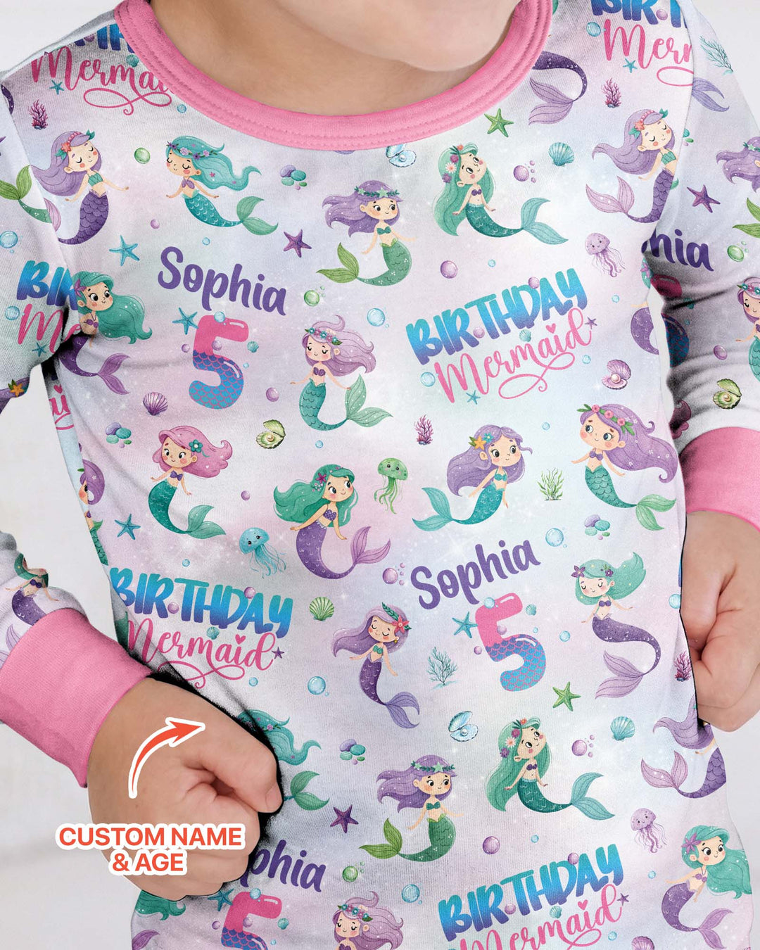 Custom Name and Age Birthday Mermaid Bamboo Two Piece Long Sleeve Pajama Set