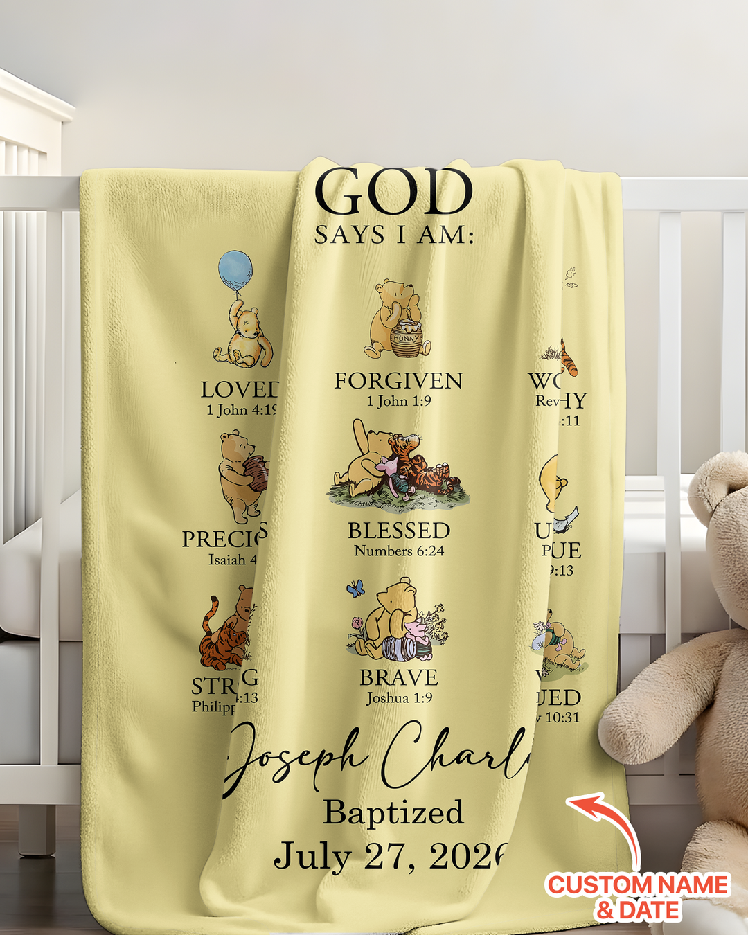 Personalized Baptism Classic Bear Bible Verses Bamboo Blanket