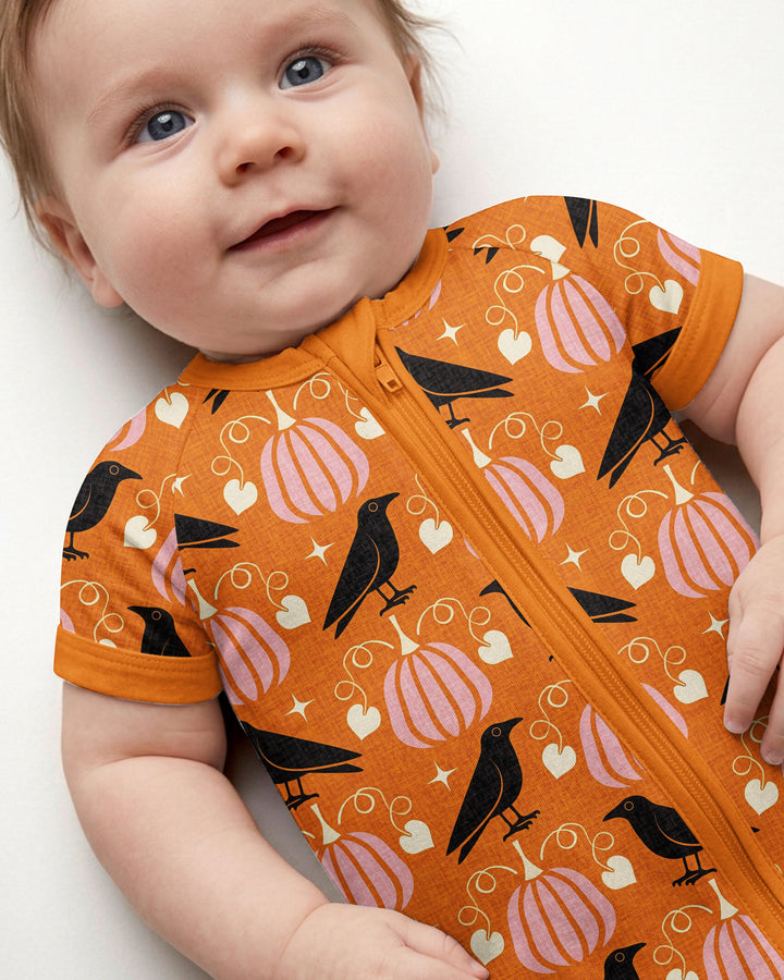 Ravens in a Pumpkin Patch - Orange Pink Bamboo Shorty Zippy