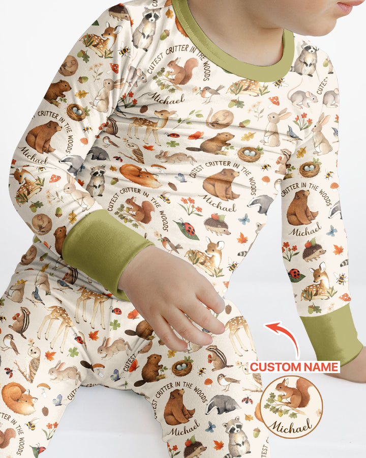 Cutest Critter In The Woods Custom Name Bamboo Two Piece Long Sleeve Pajama Set