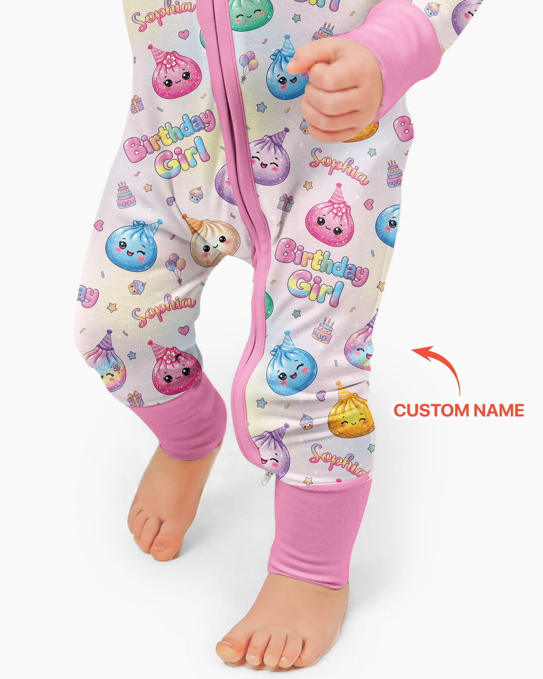 Custom Name Glitter Dumpling Birthday Girl Bamboo Convertible Zippy