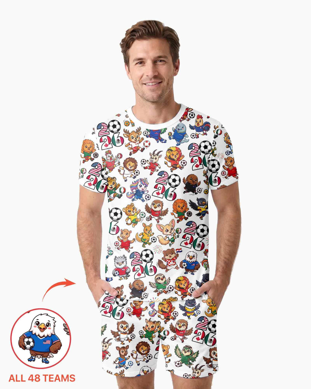 Kawaii Animals Soccer Tour 2026 Family Matching Bamboo Men Short Sleeve Short Pajama Set