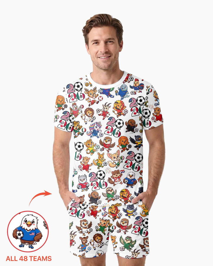 Kawaii Animals Soccer Tour 2026 Family Matching Bamboo Men Short Sleeve Short Pajama Set