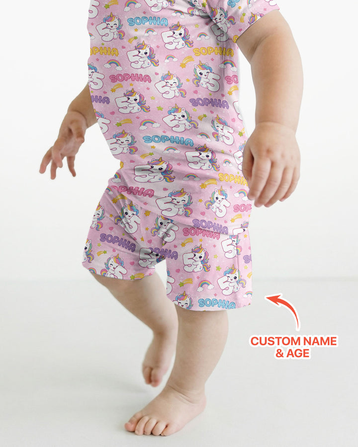 Custom Name Kawaii Unicorn Birthday Bamboo Two Piece Short Sleeve Shorts Pajama Set
